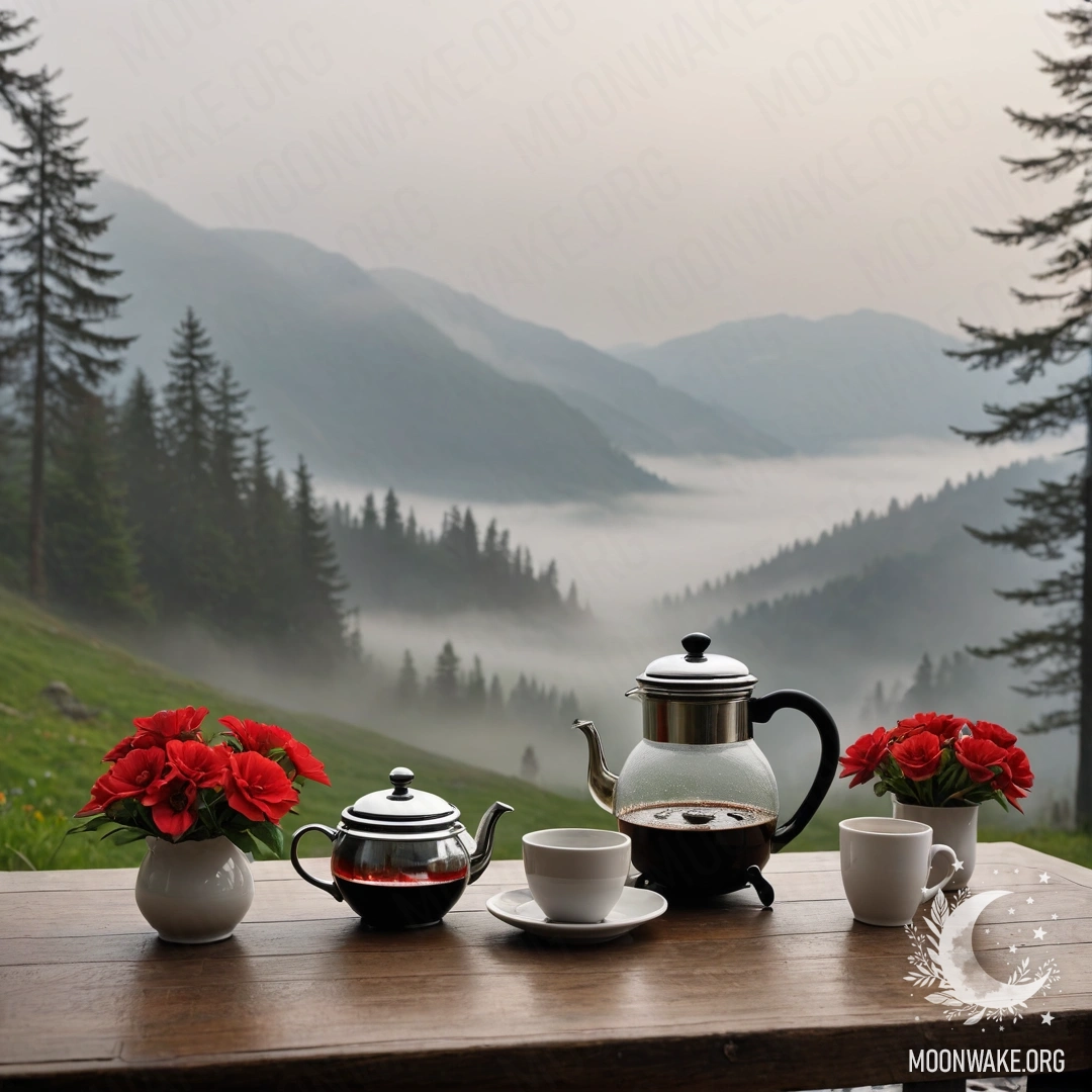 Деревянный стол с банкой красных цветов, кофейником и чашками на фоне туманных гор.