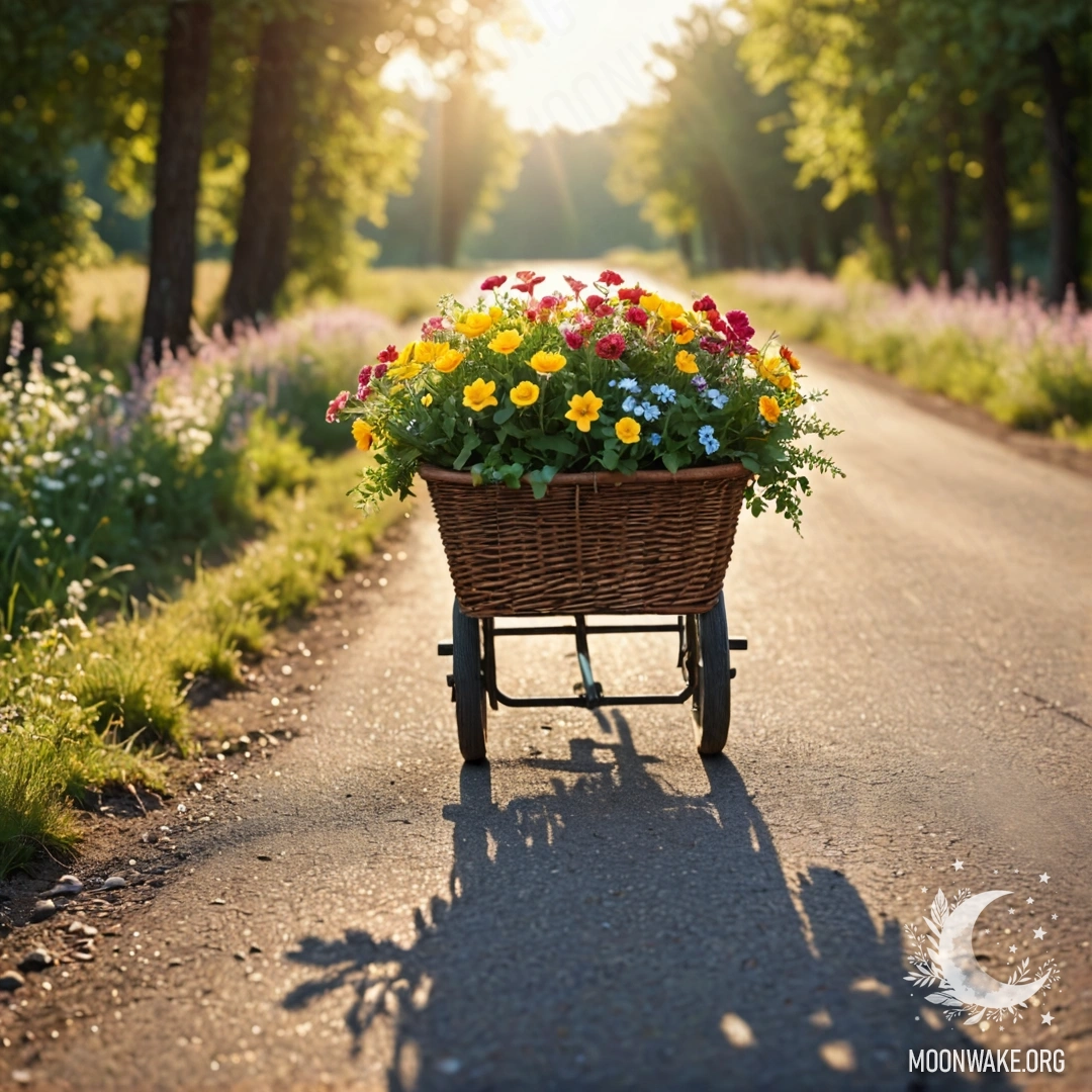 Спокойный земляной путь, украшенный корзиной цветов и залитым солнцем фоном с деревьями.