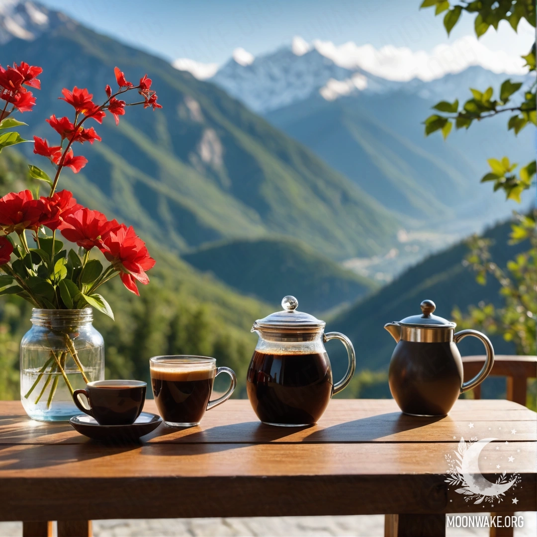 Уютный деревянный столик с банкой красных цветов, кофейником и чашками на фоне горы.