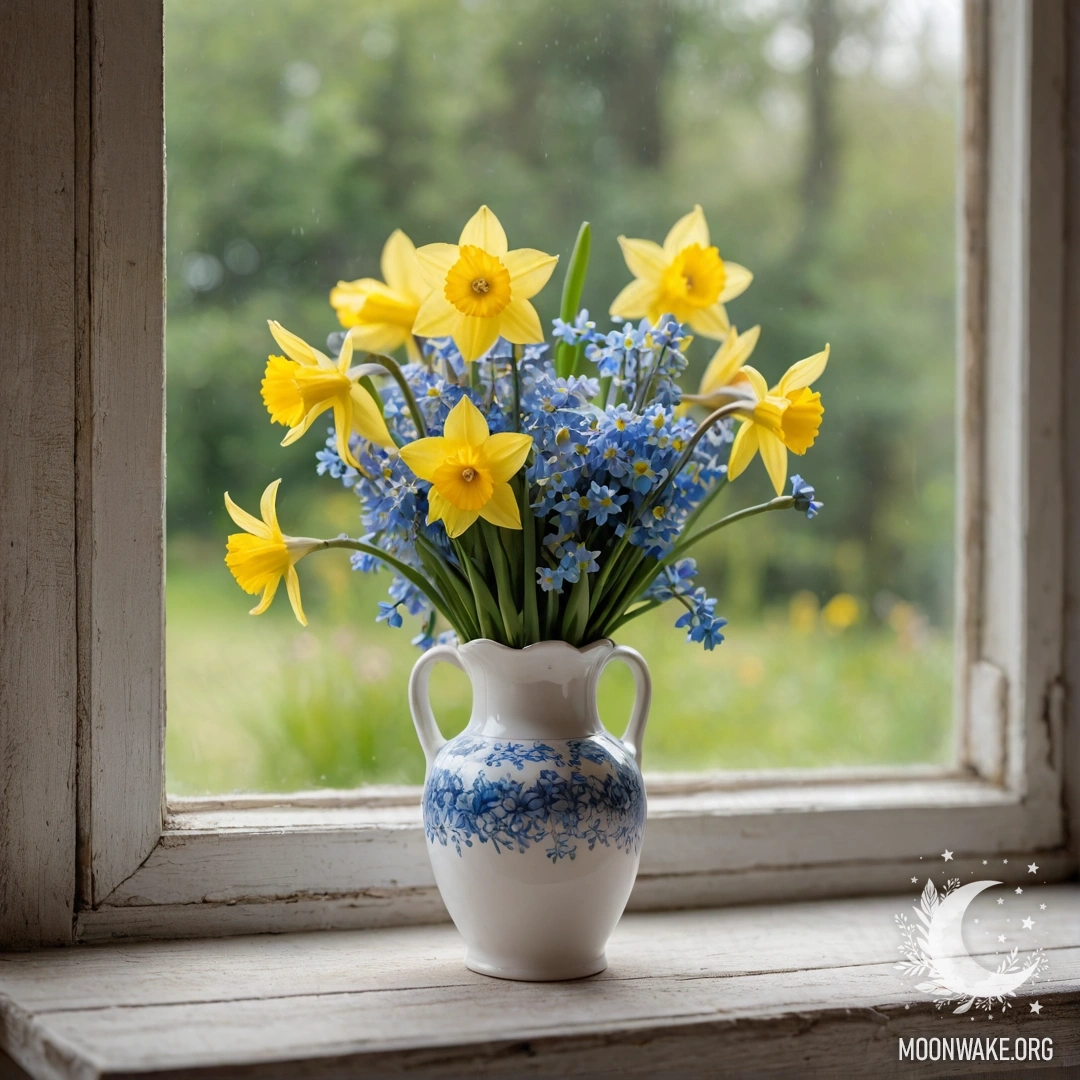 Старый деревянный подоконник с белой фарфоровой вазой, наполненной нарциссами и незабудками, украшенный мерцающими гирляндами.