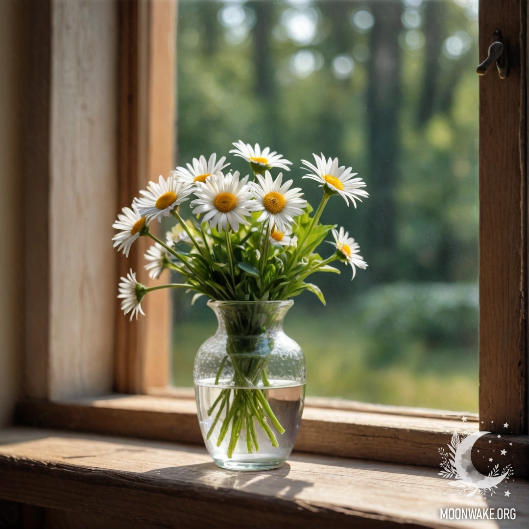 Стеклянная ваза с ромашками, стоящая на деревянном винтажном подоконнике.