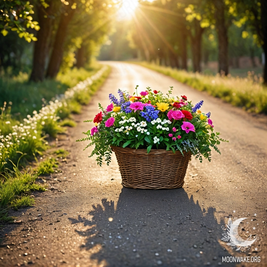 Грунтовая дорога с корзиной цветов и размыленным фоном деревьев, украшенных гирляндами света.