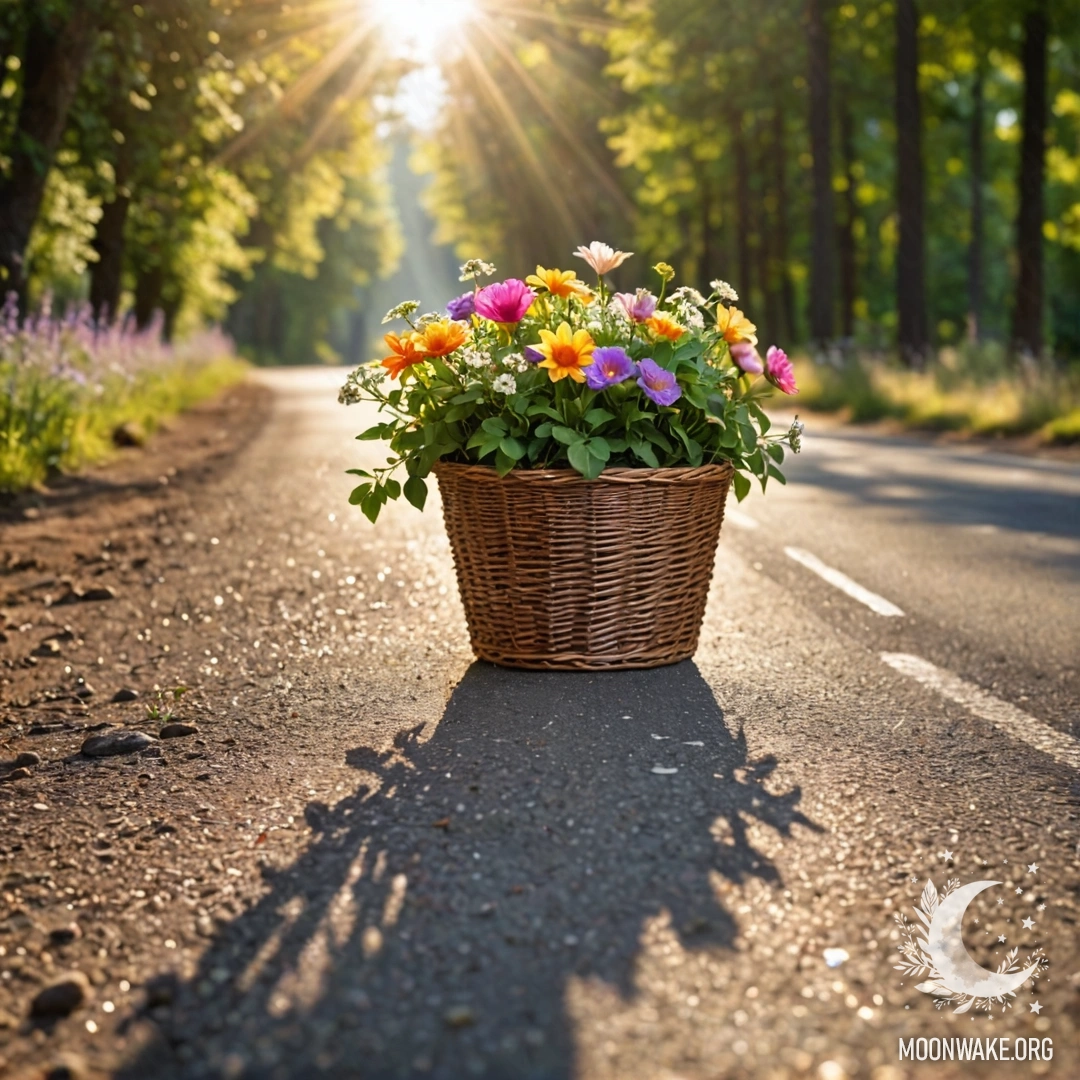 Корзина цветов на dirt дороге, окруженной деревьями и солнечными лучами.
