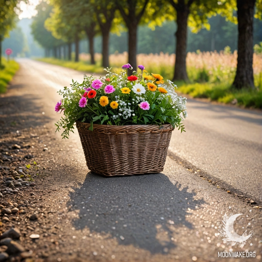 Грунтовая дорога с корзиной цветов, окруженная деревьями и гирляндами света.