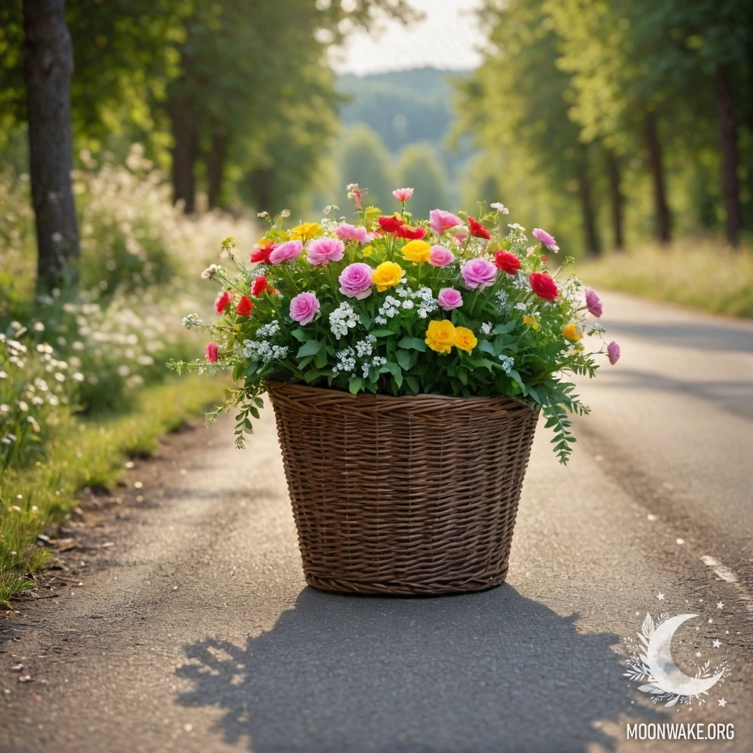 Деревенская дорога с корзиной цветов и деревьями, украшенными гирляндами света.
