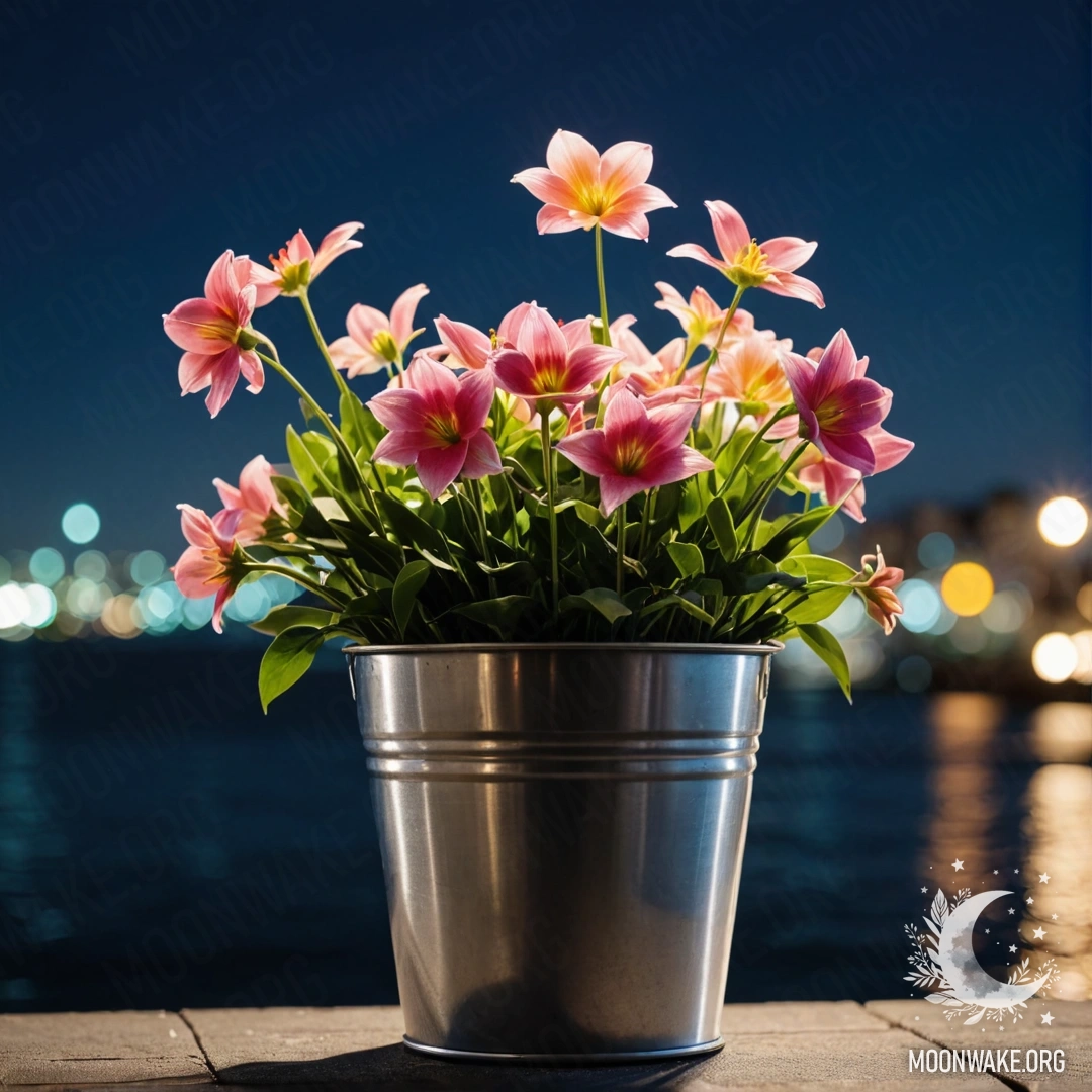 Деревянная дорога с корзиной цветов и деревьями, украшенными гирляндами огней на заднем плане.