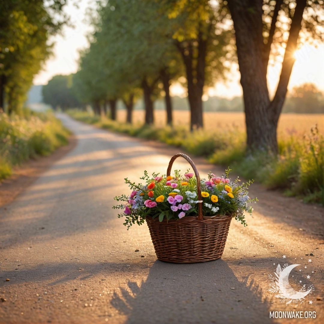 Деревенская дорога с корзиной цветов, окруженная деревьями на закате.