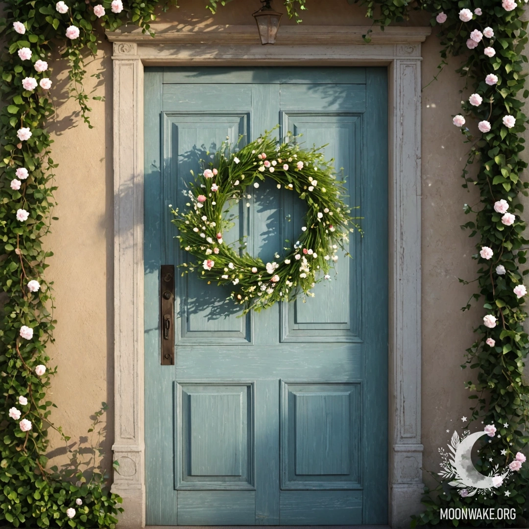 Потёртая дверь, украшенная ветками и цветами на ручке, освещенная гирляндой огней.