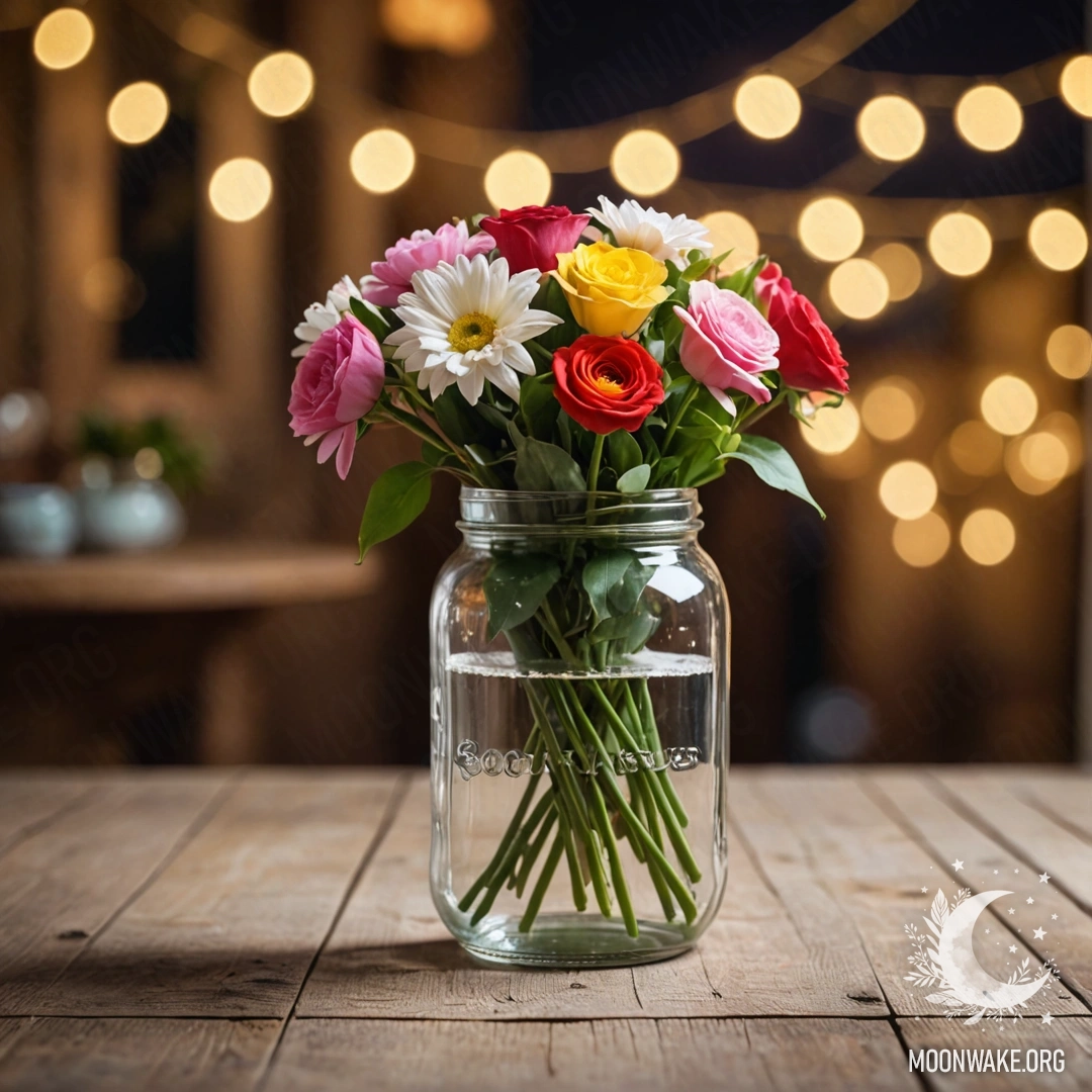 Старый деревянный стол с банкой цветов и светящейся гирляндой на заднем плане.