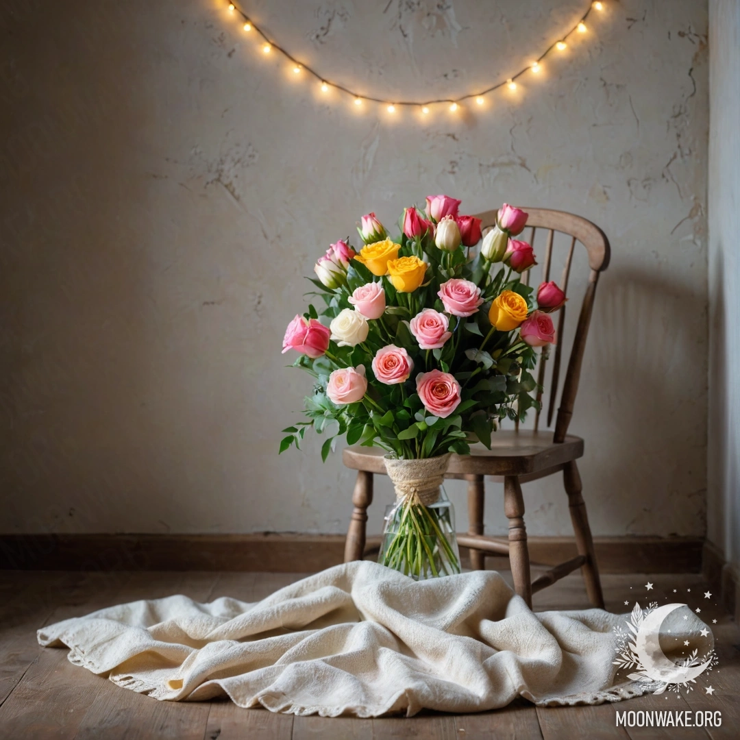 Уютное кресло с пледом и букетом цветов на нем на фоне обшарпанной стены.