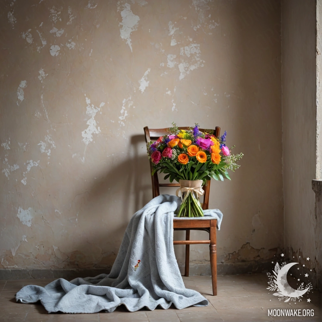 Деревянный стол с банкой, в которой стоит букет цветов, на фоне мягкого боке огней гирлянды.