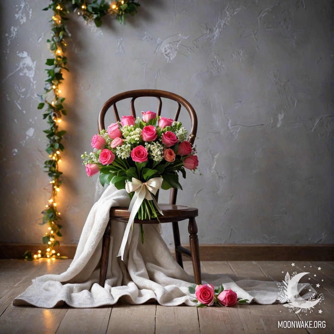 Букет цветов лежит на пледе, находящемся на кресле у потрёпанной стены.