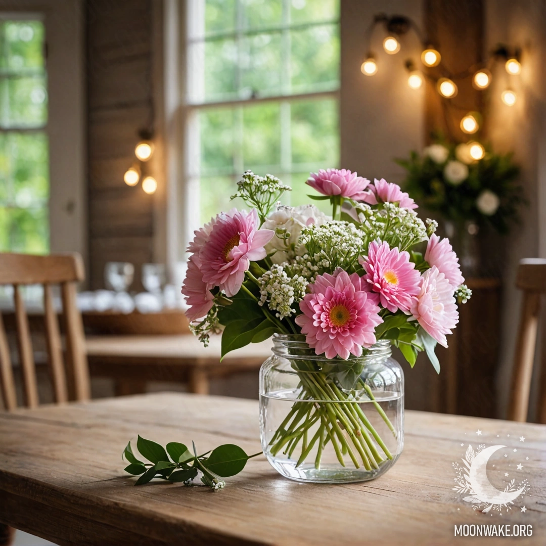 Старинный деревянный стол, украшенный банкой с цветами, на заднем плане мягкие огоньки боке.