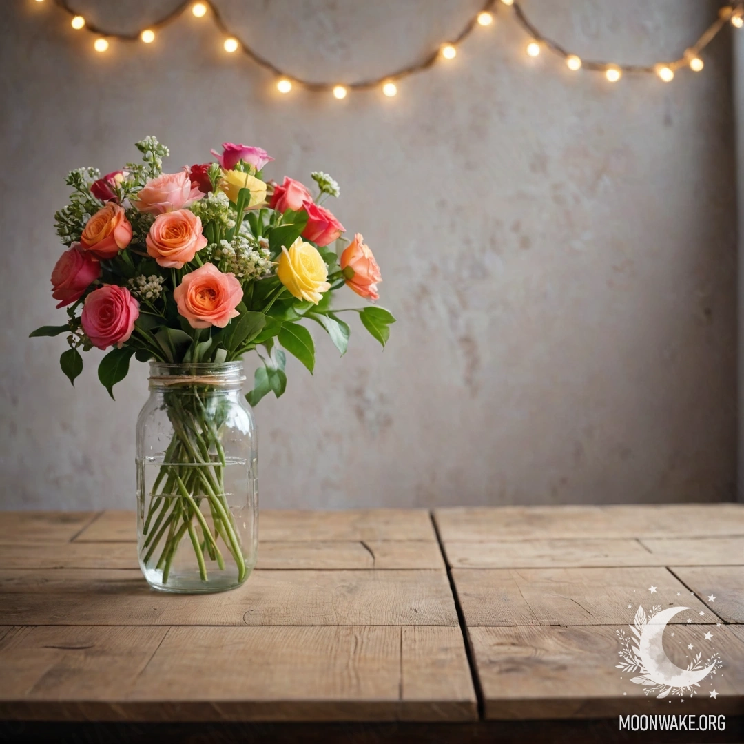 Старый деревянный стол с банкой цветов и светящейся гирляндой на фоне.