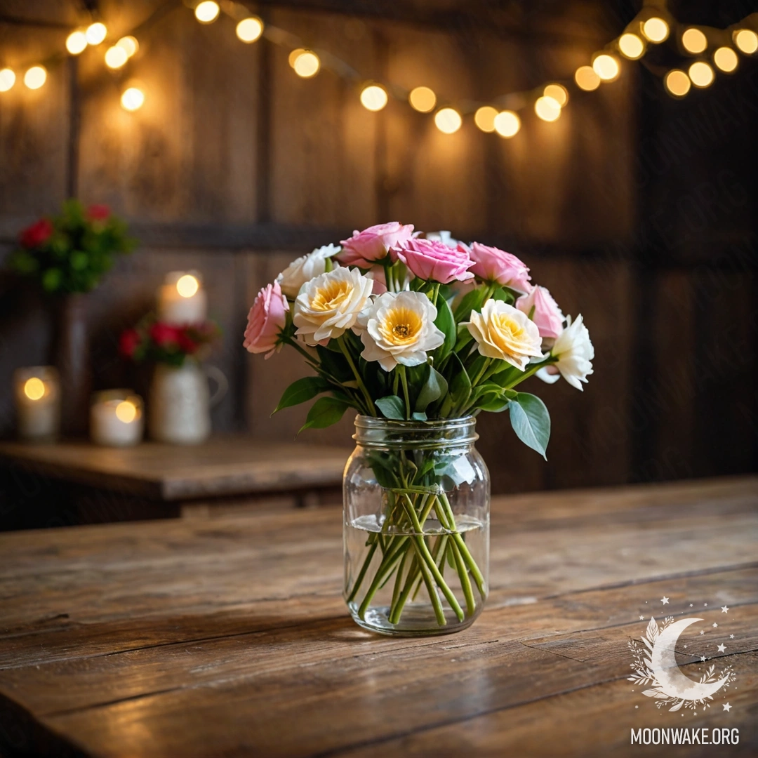 Старый деревянный стол с банкой цветов и легкой гирляндой на фоне ночью.