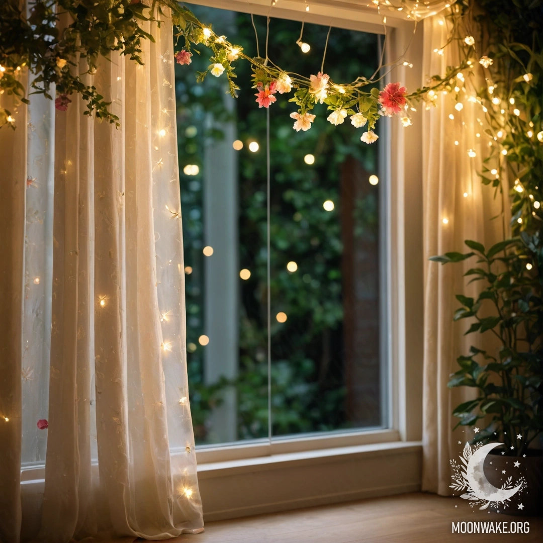 Крупный план цветочного занавеса с цветущим садом за окном.