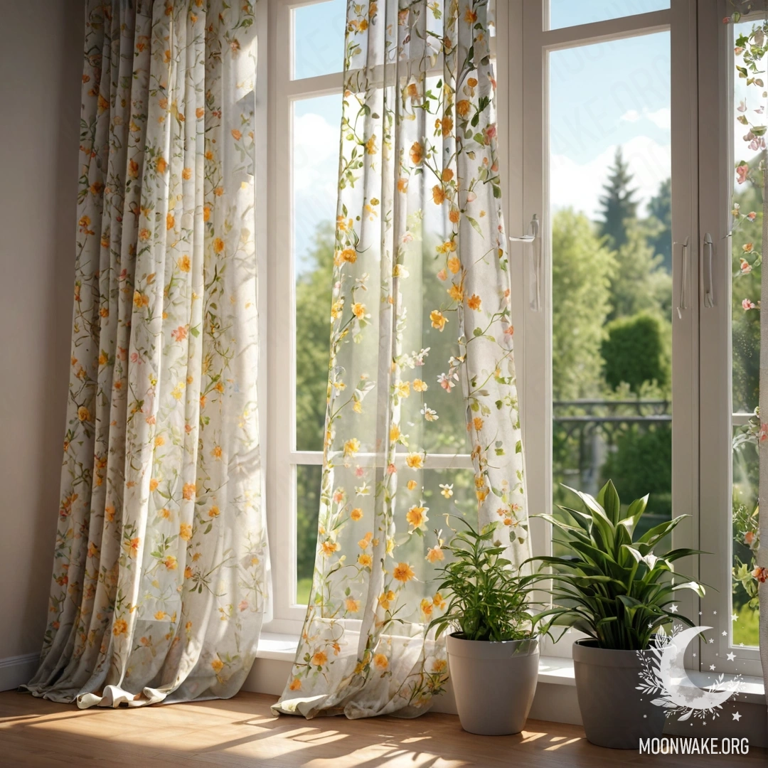 Крупный план цветочного занавеса с окном за ним, за которым цветущий сад и солнечные лучи в боке.