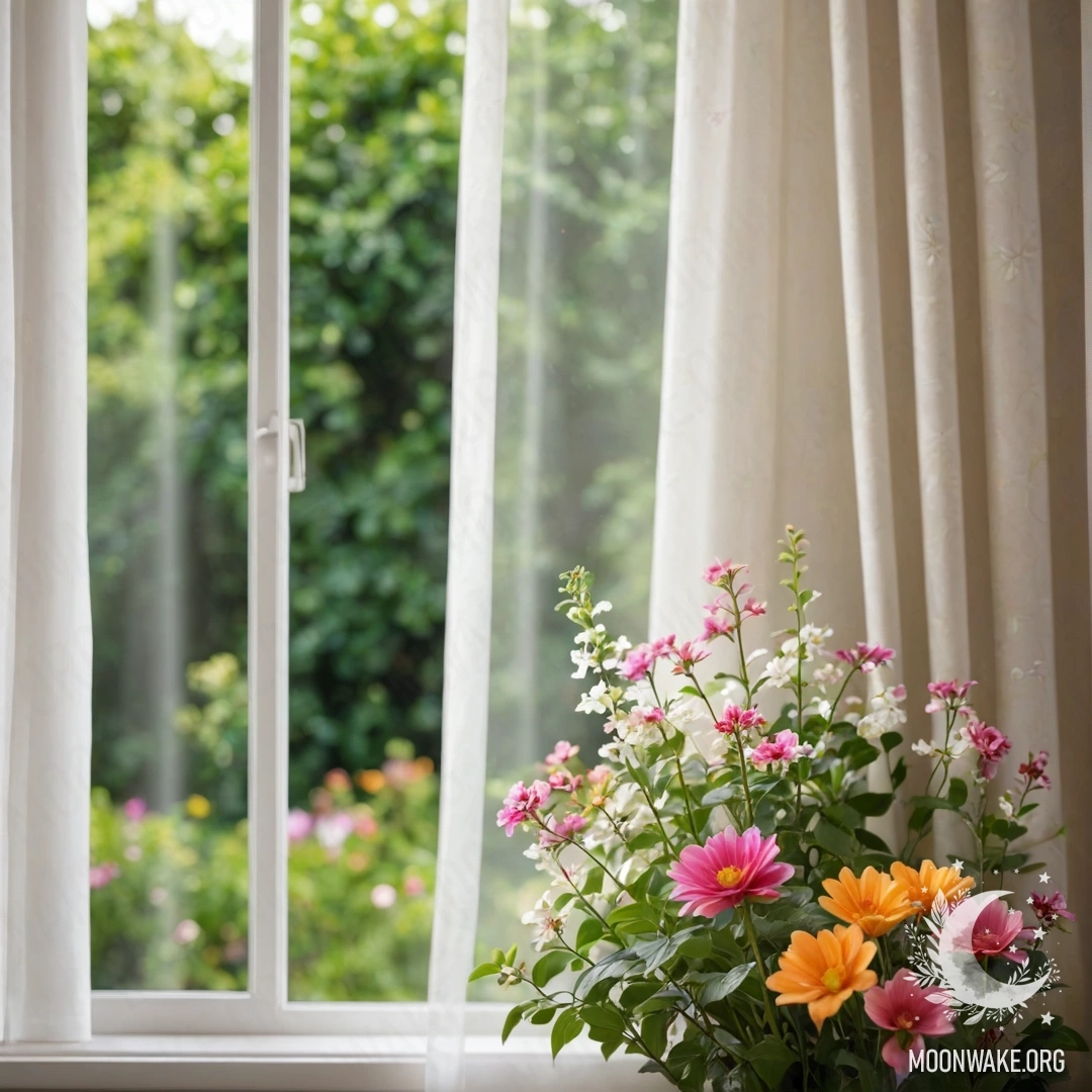 Крупным планом милое цветочное занавесие с окном позади, за которым виден сад в мягком фокусе.