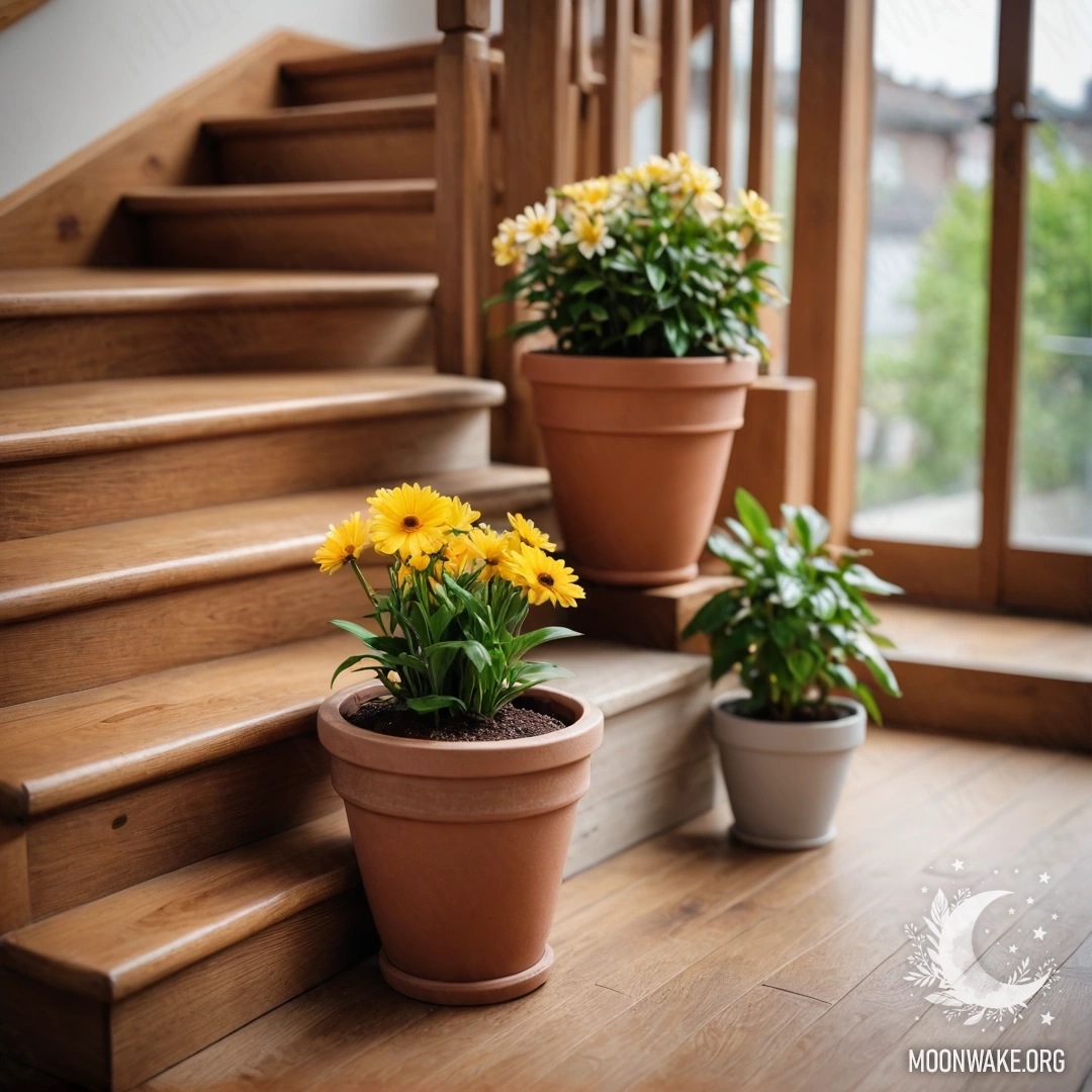 Деревянная лестница, украшенная цветочными горшками с цветущими растениями.