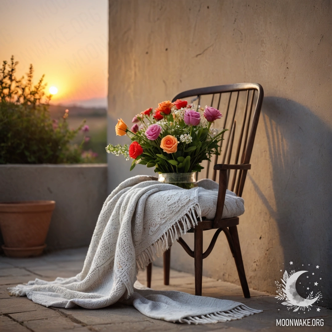 Уютное кресло на фоне потрескавшейся стены, украшенное пледом и букетом цветов на закате.