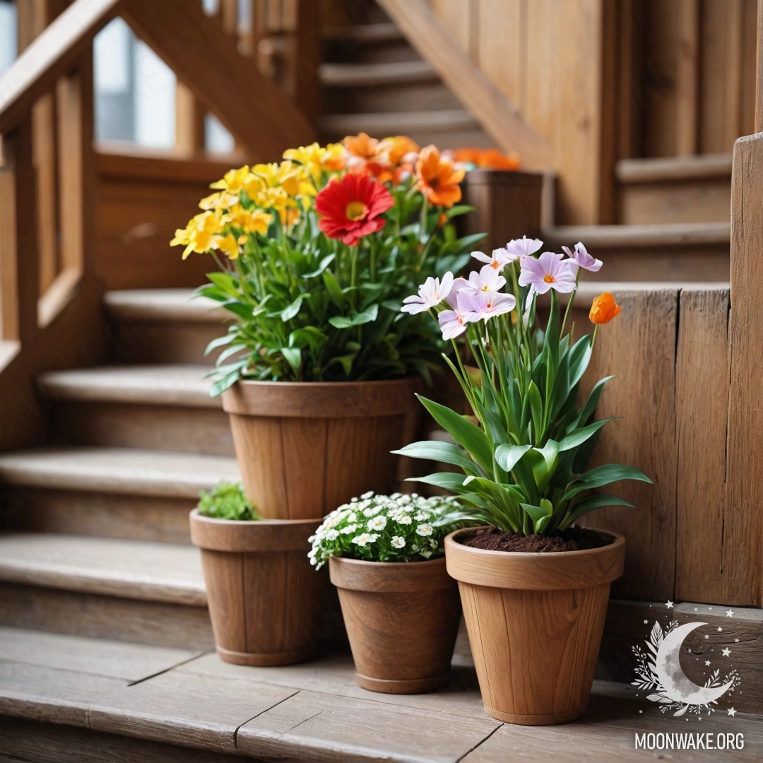 Деревянная лестница, украшенная декоративными цветочными горшками.