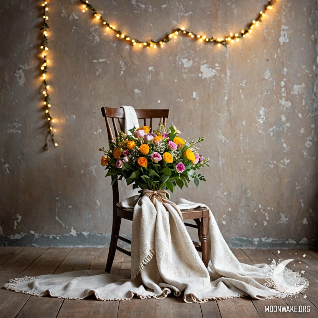 Стул с пледом и букетом цветов, украшенным гирляндами, на фоне обшарпанной стены.