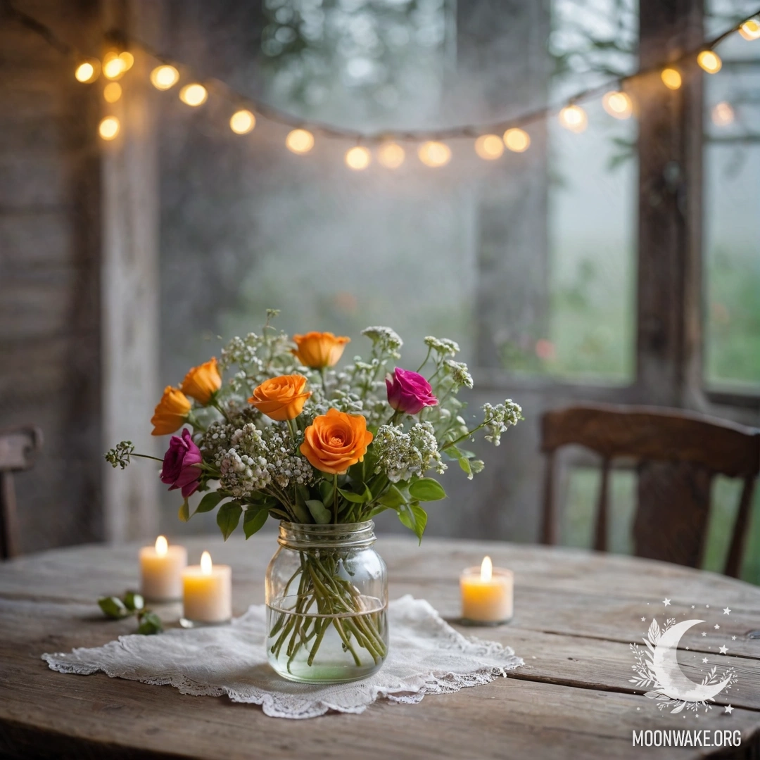 Деревянный стол с банкой цветов и размытым светом на фоне тумана.