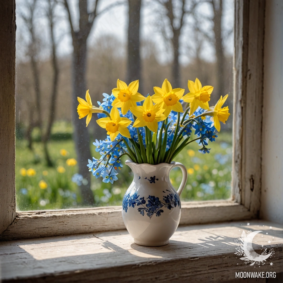 Старинный, обветшалый деревянный подоконник, украшенный белой фарфоровой вазой с нарциссами и незабудками.