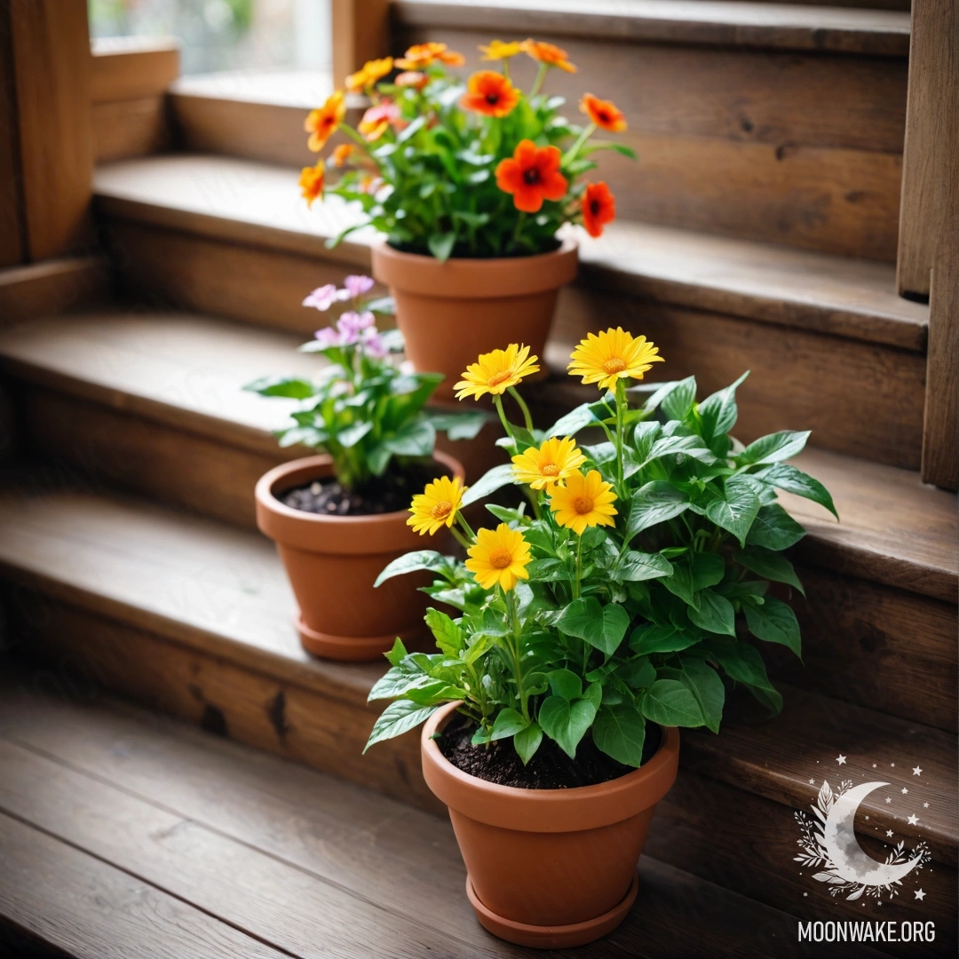 Деревянная лестница, украшенная цветочными горшками, создающими милую атмосферу.