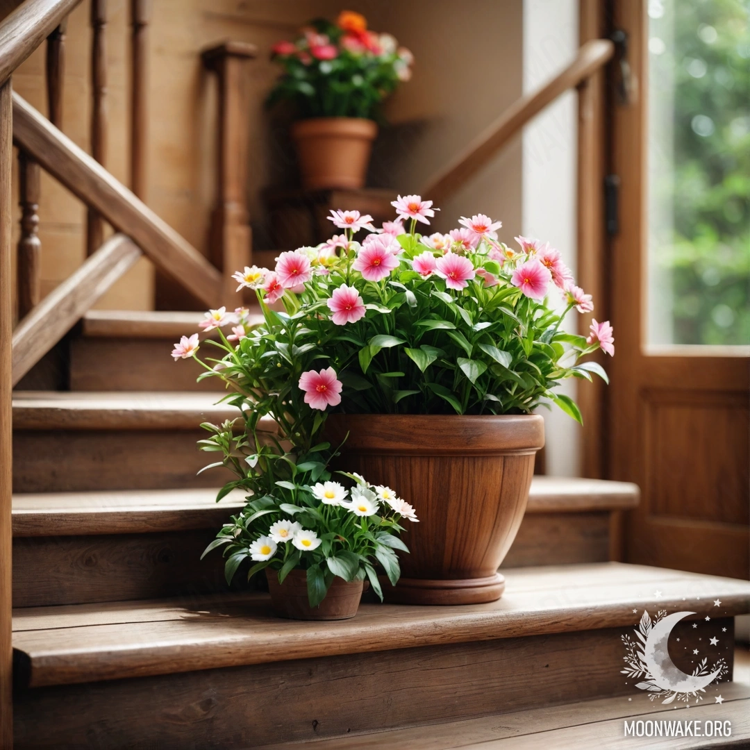 Деревянная лестница, украшенная цветочными горшками с прекрасными линзами.