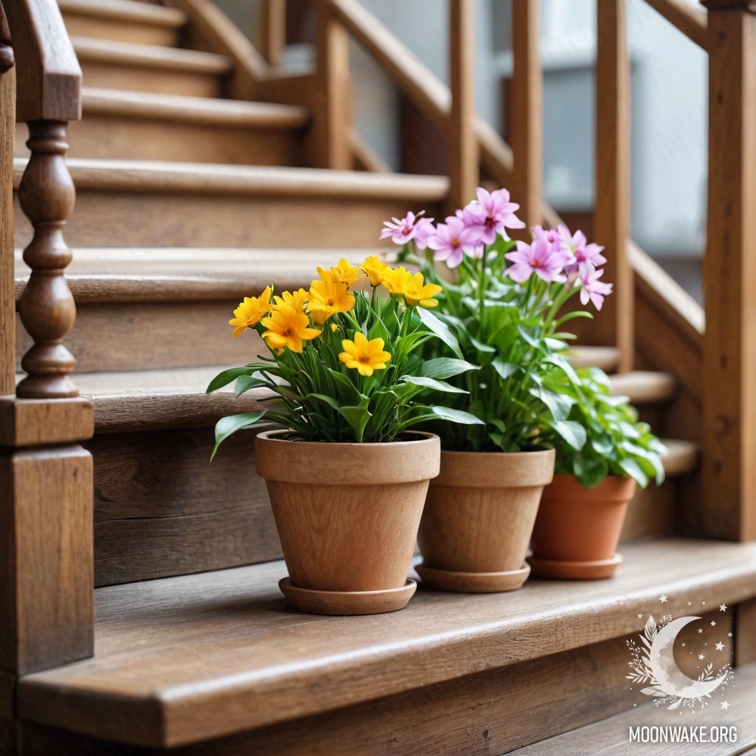 Деревянная лестница, украшенная цветочными горшками с нежными линзами.