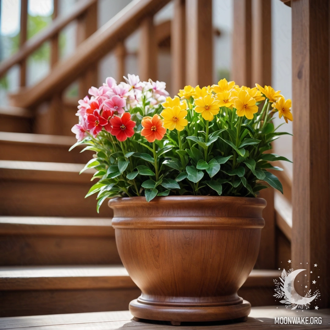 Фотография цветочных горшков, расположенных на деревянной лестнице, с деликатными цветами.