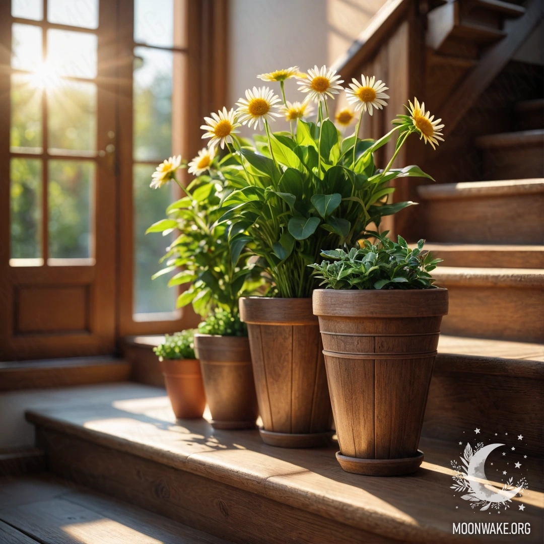 Деревянная лестница, украшенная цветочными горшками, освещенная мягкими солнечными лучами.