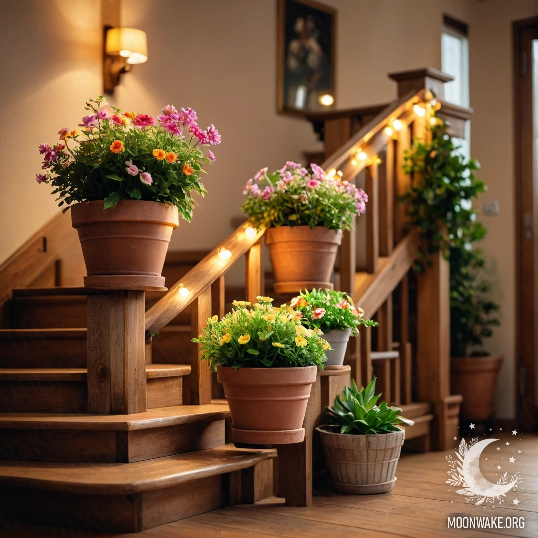 Цветочные горшки, украшенные гирляндой огней, на деревянной лестнице.