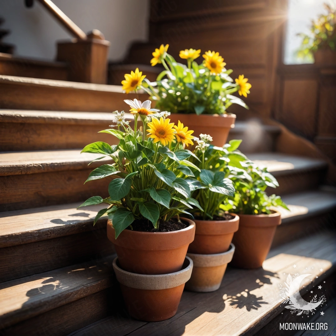 Живописная сцена с цветочными горшками, светящимися на солнечном свете на деревянной лестнице.