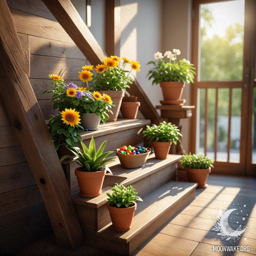 Фотореалистичное изображение цветочных горшков на деревянной лестнице, освещенное солнечными лучами.