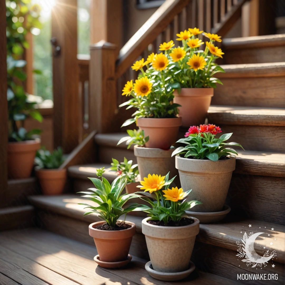 Цветочные горшки, окутанные солнечными лучами, на деревянной лестнице.