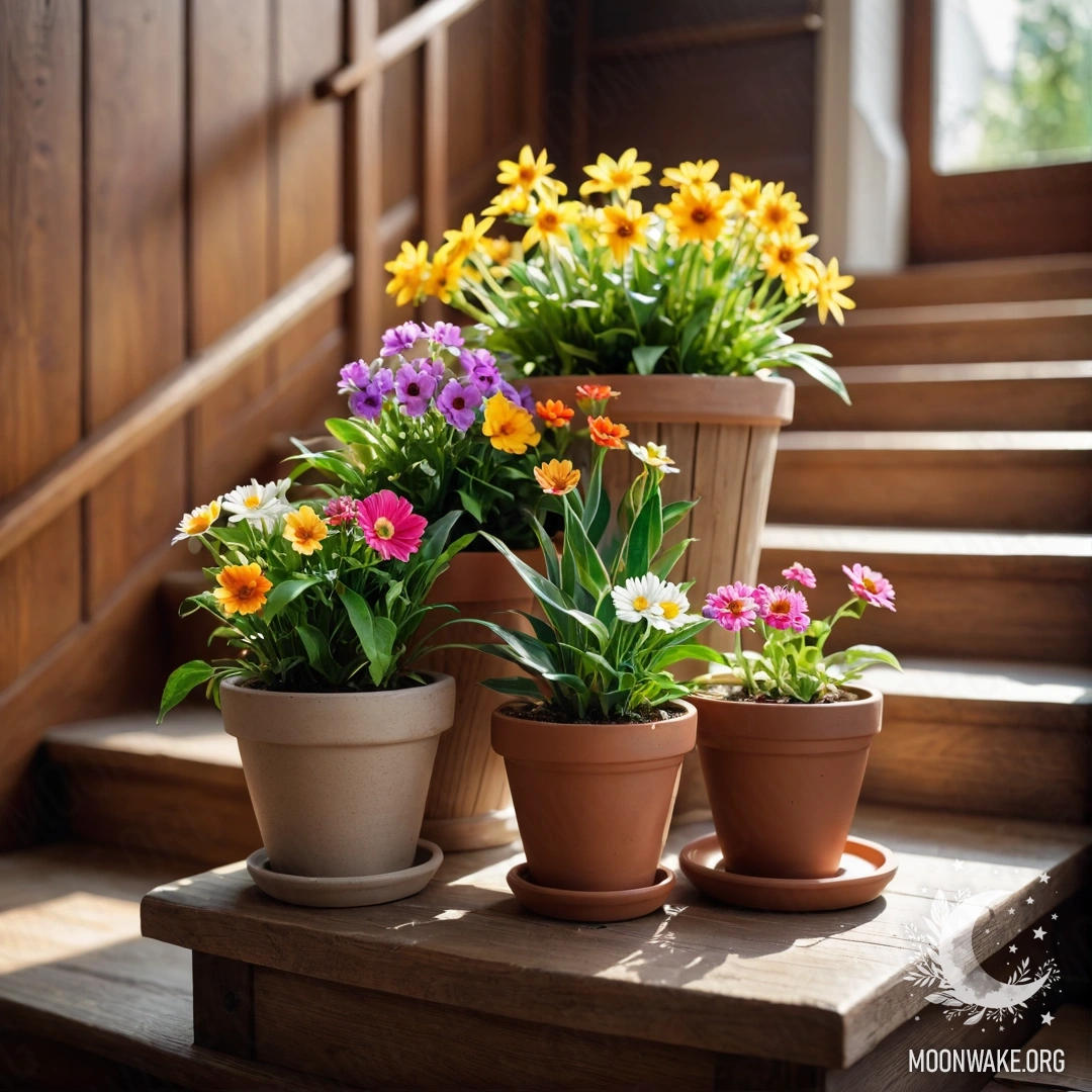 Деревянная лестница, украшенная цветочными горшками с зелеными растениями.