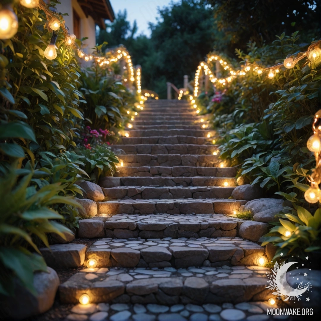 Фотореалистичный вид милого садового пути с камнями и деревянной лестницей, украшенной световыми гирляндами на фоне заката.