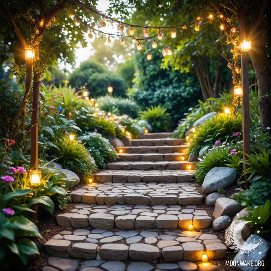 Садовая дорожка из камней и деревянная лестница, украшенные светящимися гирляндами и солнечными лучами.