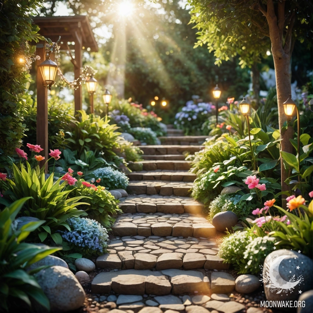 Живописный сад, украшенный световыми гирляндами и каменной дорожкой.