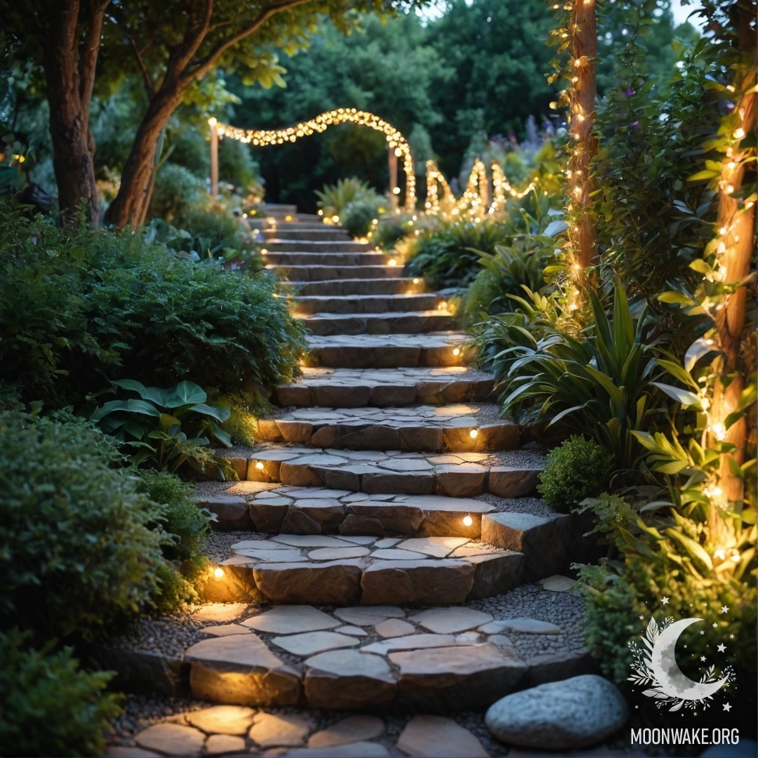 Живописная садовая дорожка, украшенная светящимися гирляндами, вымощенная камнями и с деревянной лестницей.