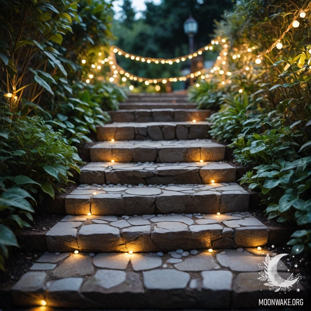 Минималистичный сад с гирляндами, каменной дорожкой и деревянной лестницей.