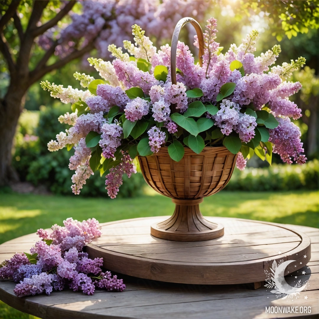 Винтажный деревянный стол в саду с кашем сирени и гирляндами