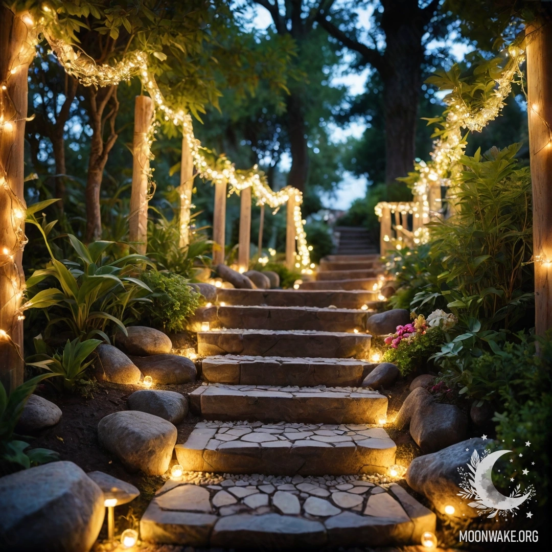 Милый садовой тропинкой из камней и деревянной лестницей, украшенной гирляндами огней.
