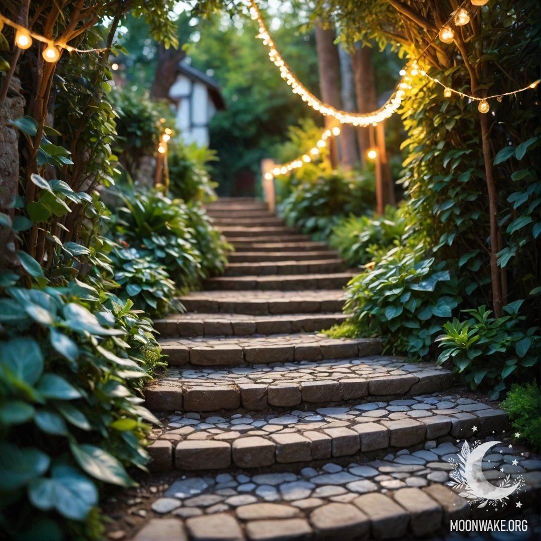 Красивый садовый путь из камней, украшенный гирляндами света и деревянной лестницей, освещённой солнечными лучами.