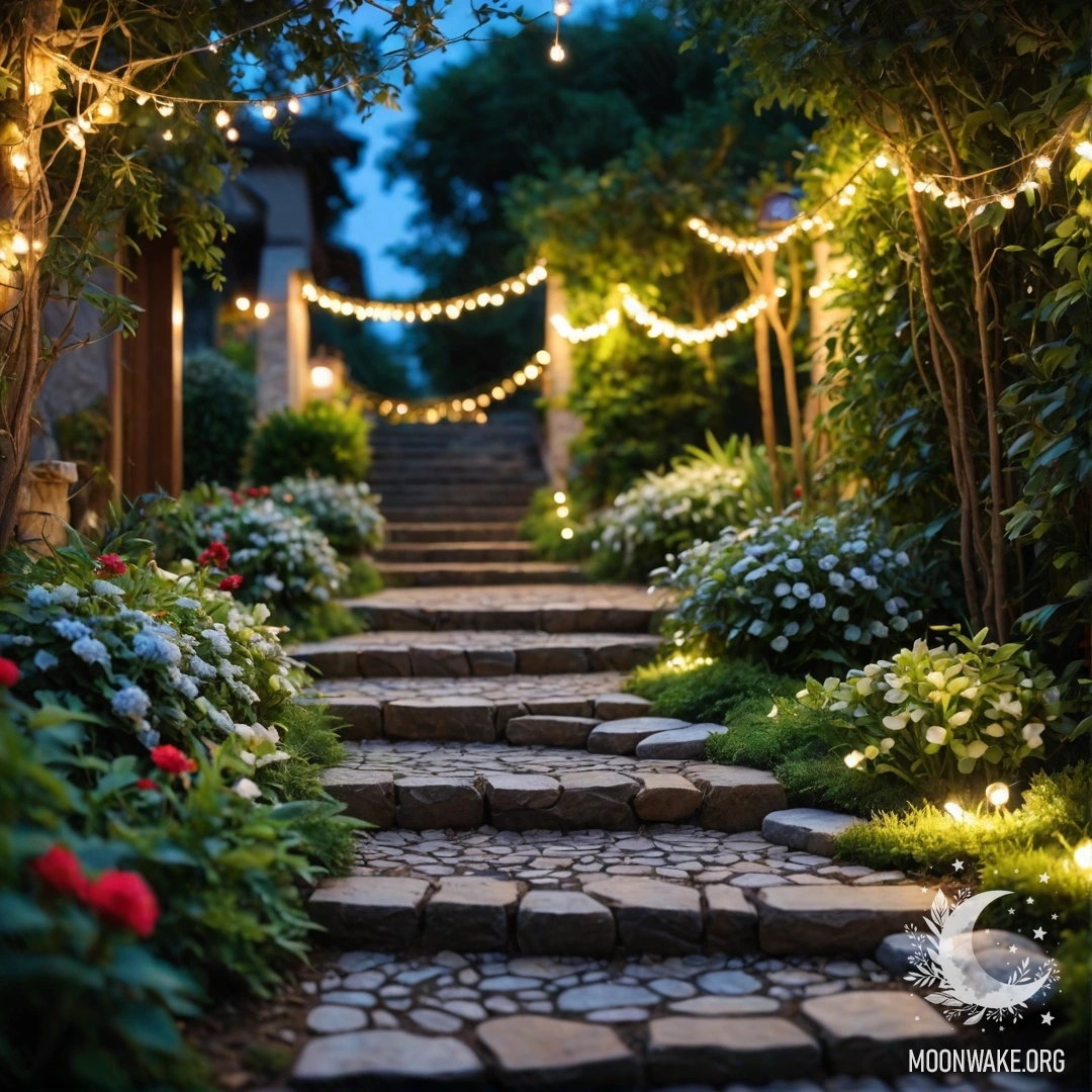 Фотореалистичный сад, украшенный светящимися гирляндами, с каменной дорожкой и деревянной лестницей.