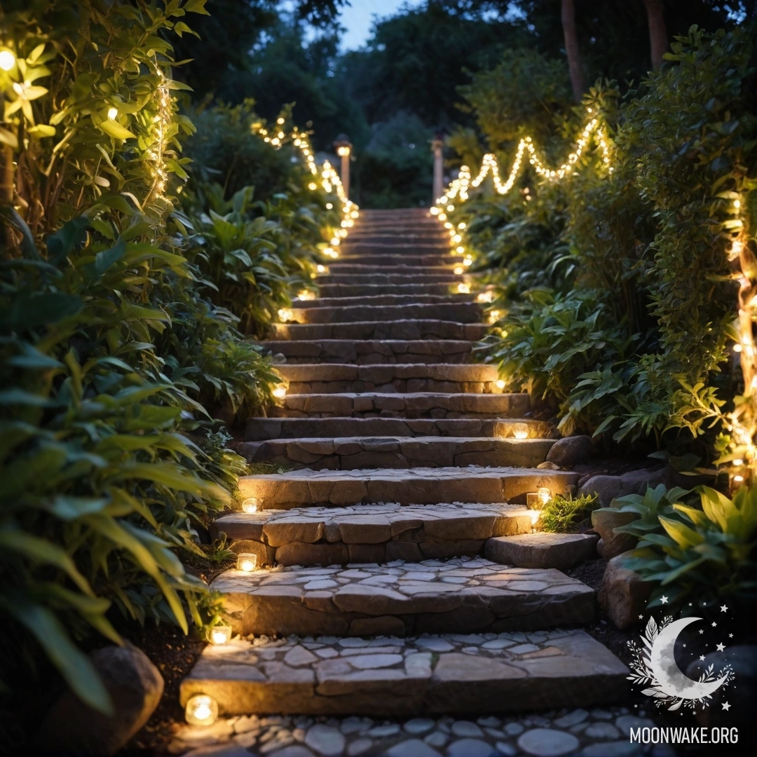 Прекрасная садовая дорожка, устланная камнями, с огнями гирлянд и деревянной лестницей, освещённой гирляндами.