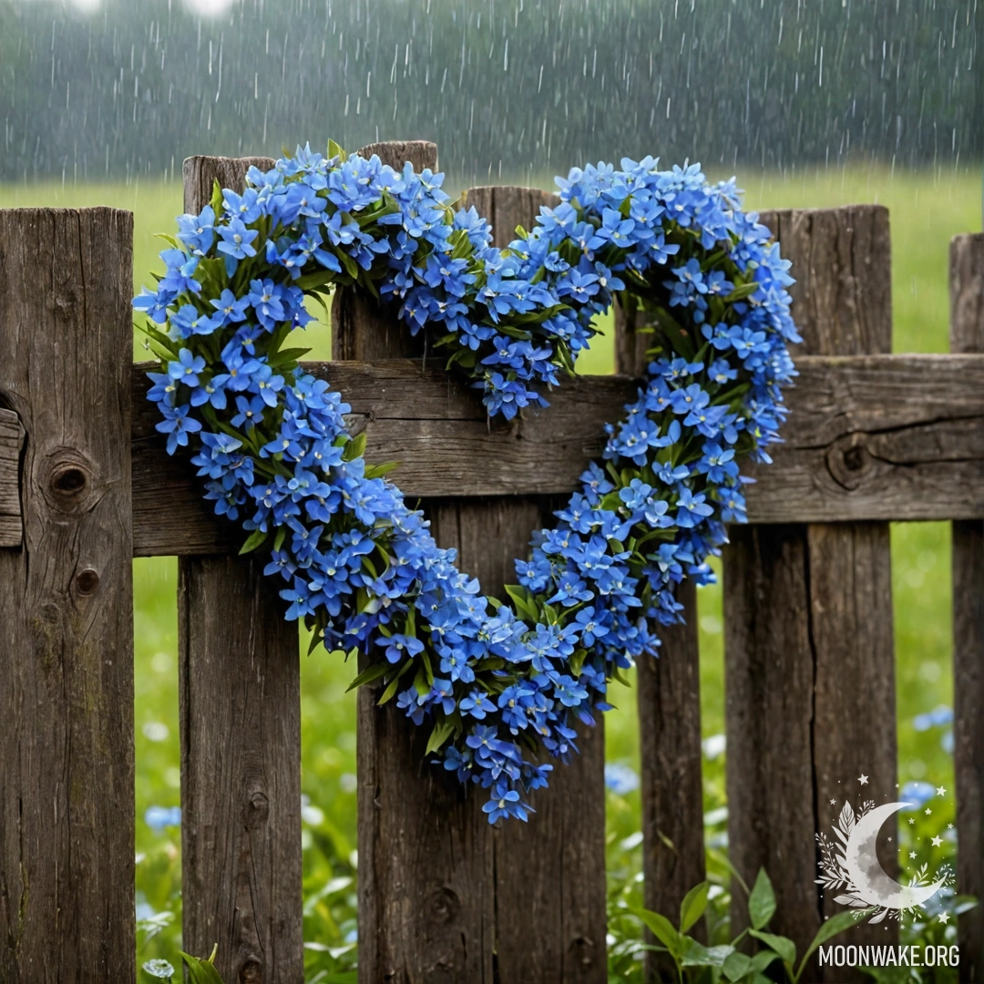 Крупный план старого деревянного забора, украшенного венком из синих цветов в форме сердца под дождем.