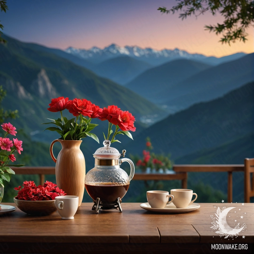 Деревянный стол с банкой красных цветов, кофейником и чашками на фоне горной панорамы в ночное время.